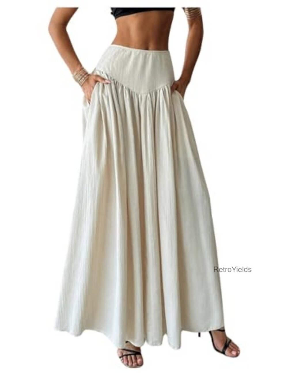 Pleated Flowy Long Maxi Skirt with Pocket High Waist A-Line Beach Cover Up